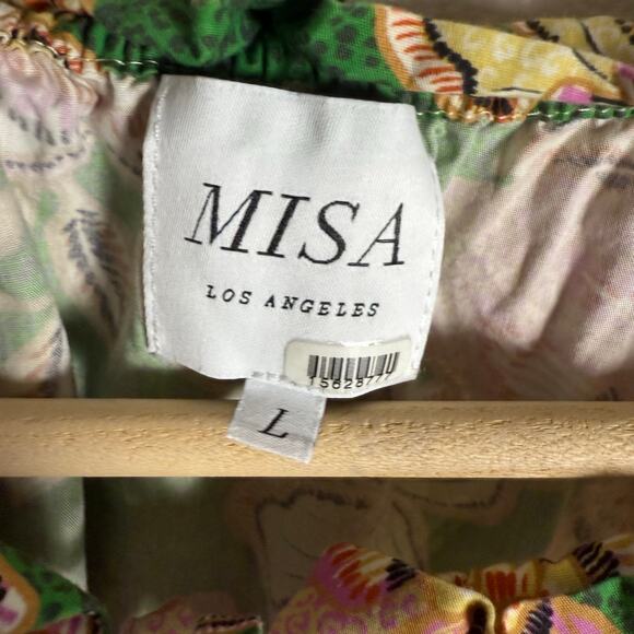 MISA Suparna Green Floral Print Cap Sleeve Tie Neck Peasant Blouse Size Large - Picture 11 of 14